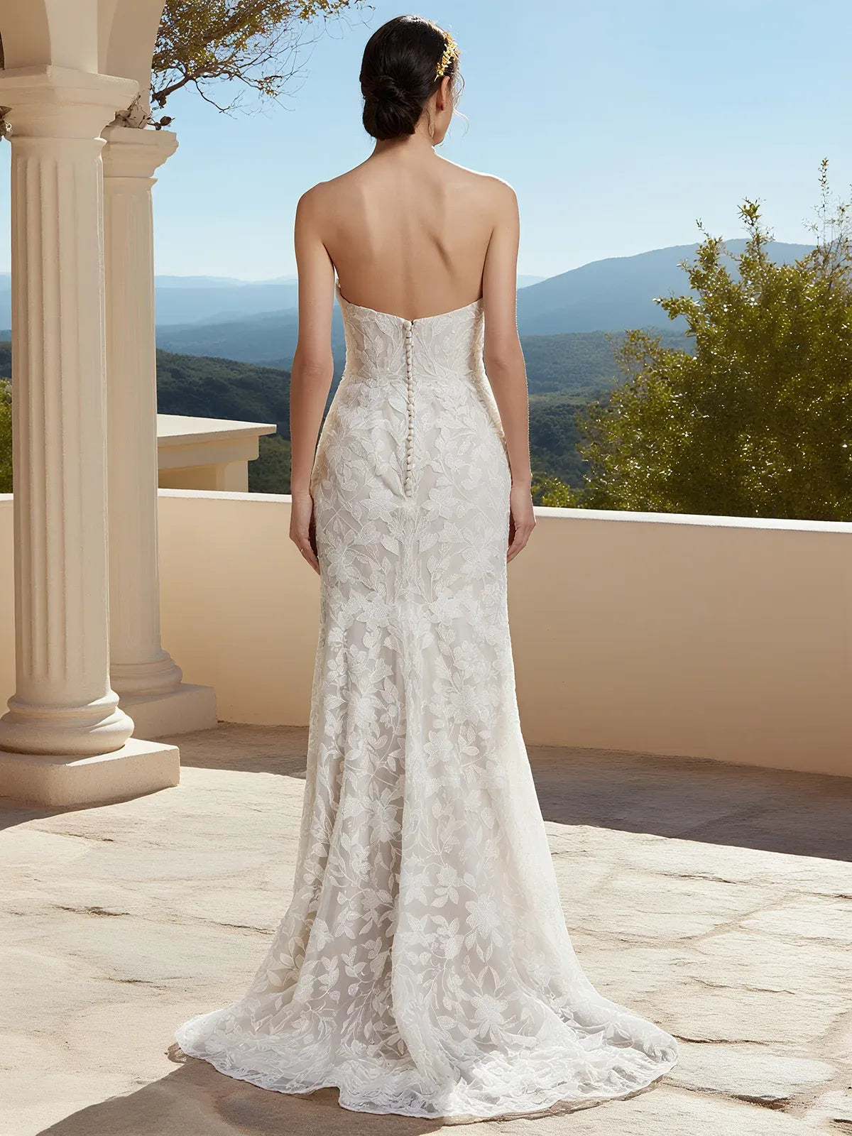 Strapless Floral Lace Mermaid Wedding Dress with Sweetheart Neckline & Button Back - Romantic Bridal Gown