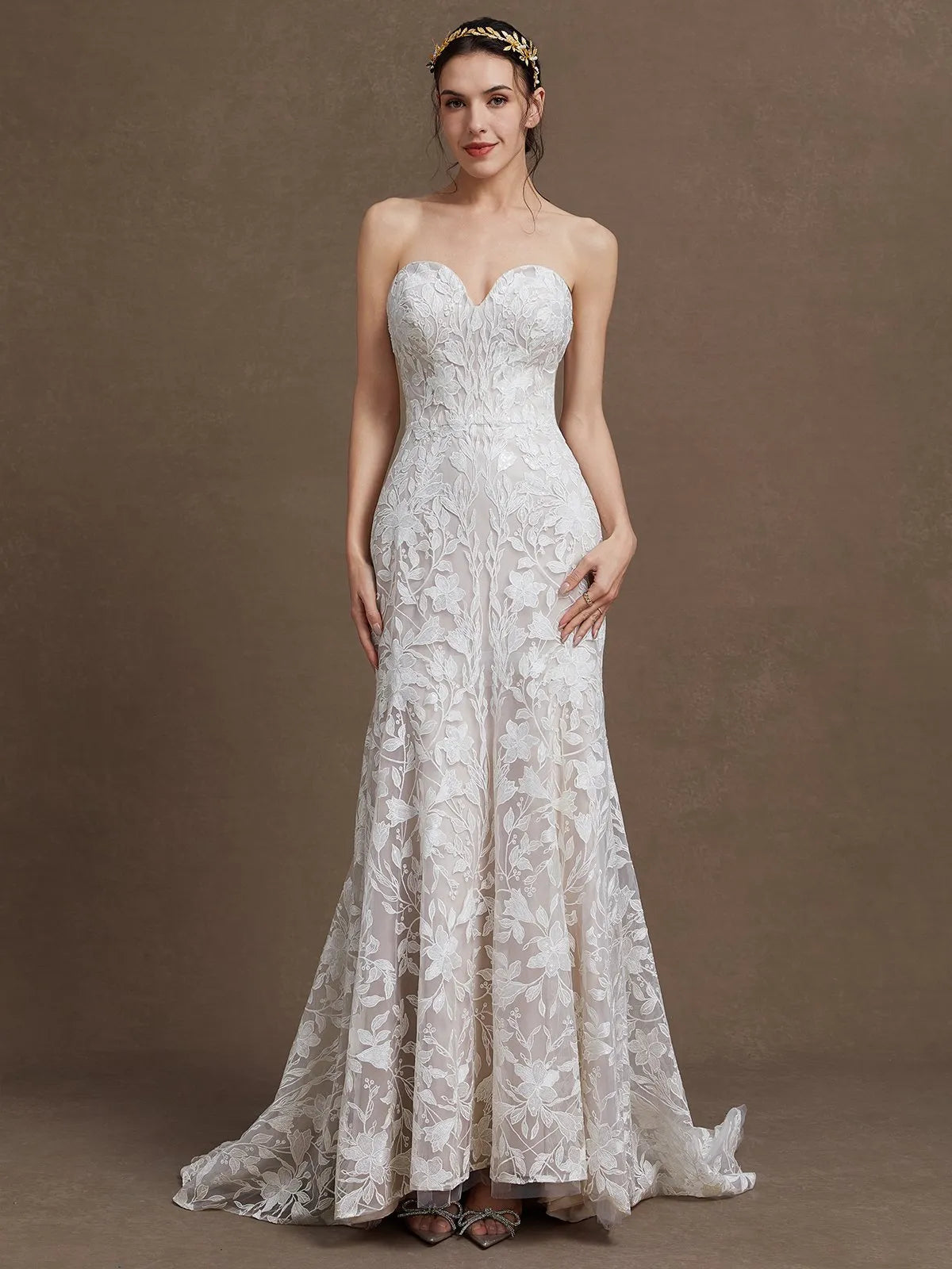 Strapless Floral Lace Mermaid Wedding Dress with Sweetheart Neckline & Button Back - Romantic Bridal Gown
