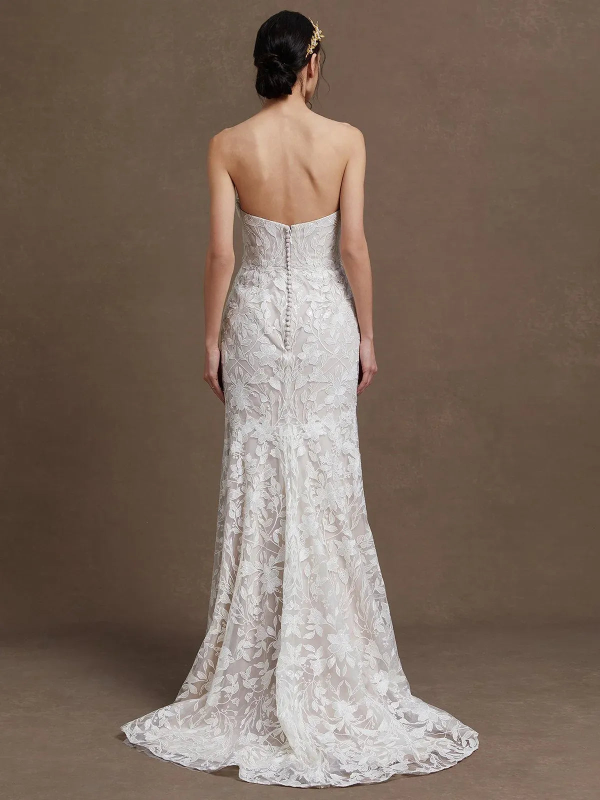 Strapless Floral Lace Mermaid Wedding Dress with Sweetheart Neckline & Button Back - Romantic Bridal Gown