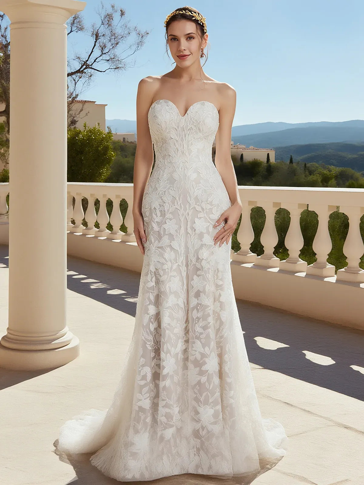 Strapless Floral Lace Mermaid Wedding Dress with Sweetheart Neckline & Button Back - Romantic Bridal Gown