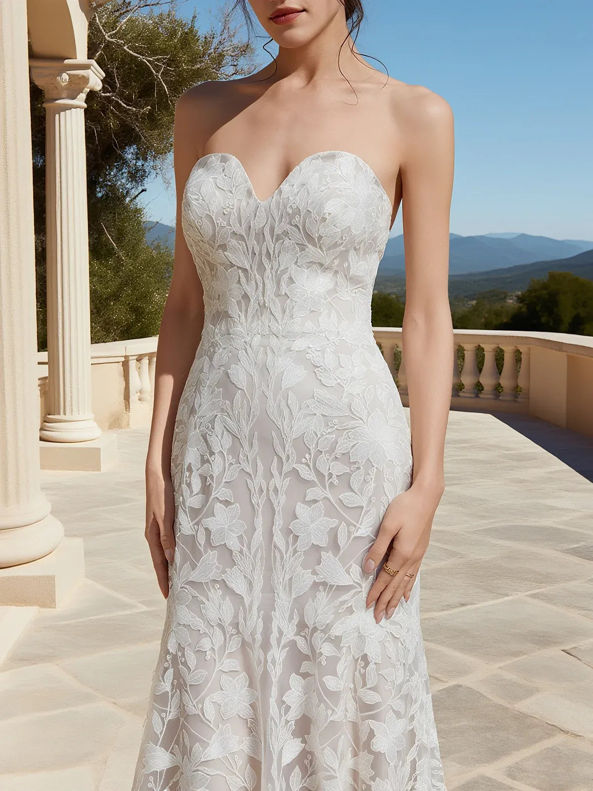 Strapless Floral Lace Mermaid Wedding Dress with Sweetheart Neckline & Button Back - Romantic Bridal Gown