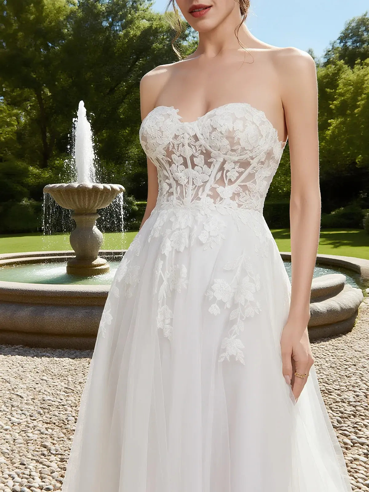 Strapless Lace Corset A-Line Wedding Dress with Tulle Skirt & Train - Romantic Bridal Gown