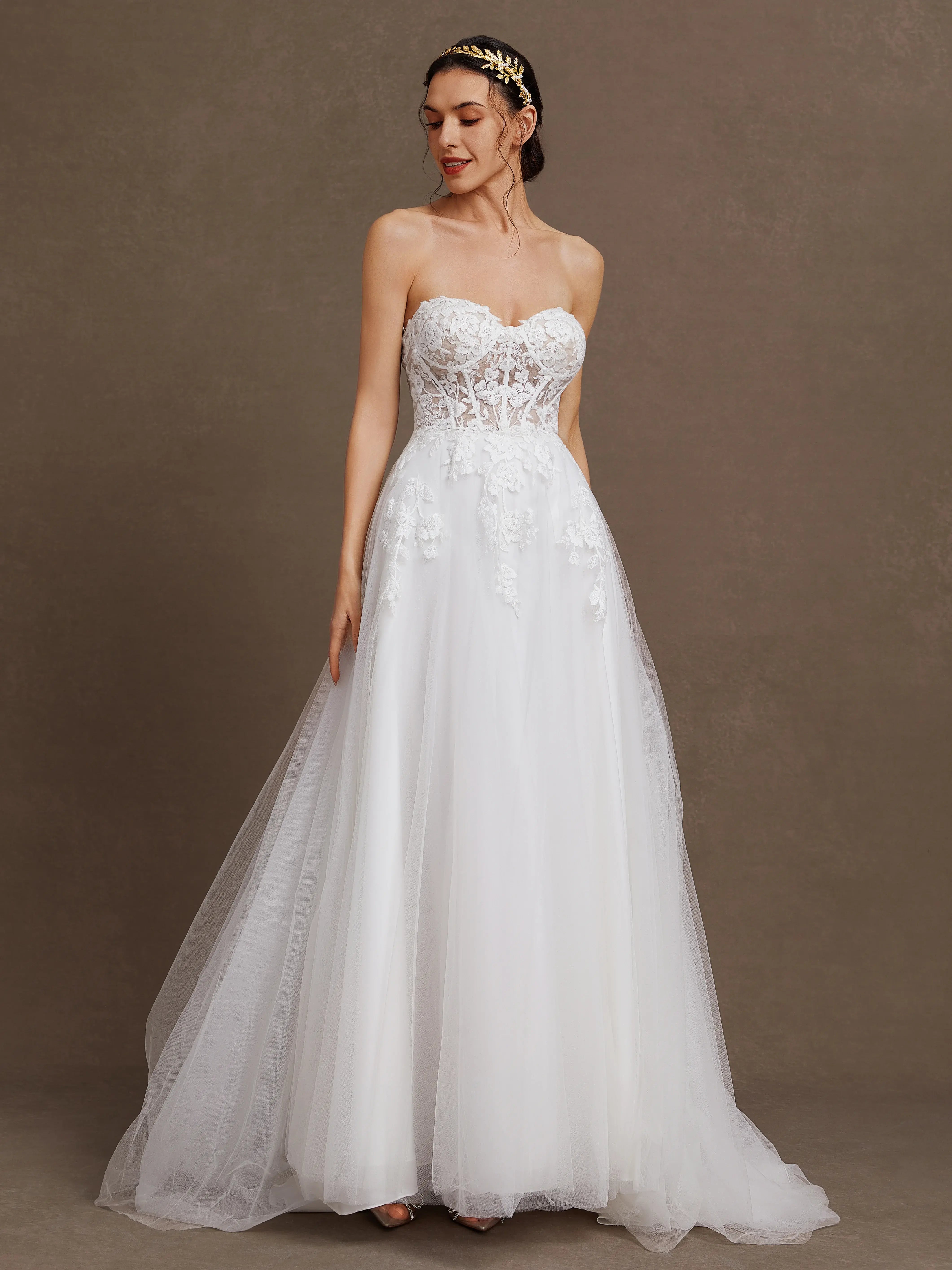 Strapless Lace Corset A-Line Wedding Dress with Tulle Skirt & Train - Romantic Bridal Gown