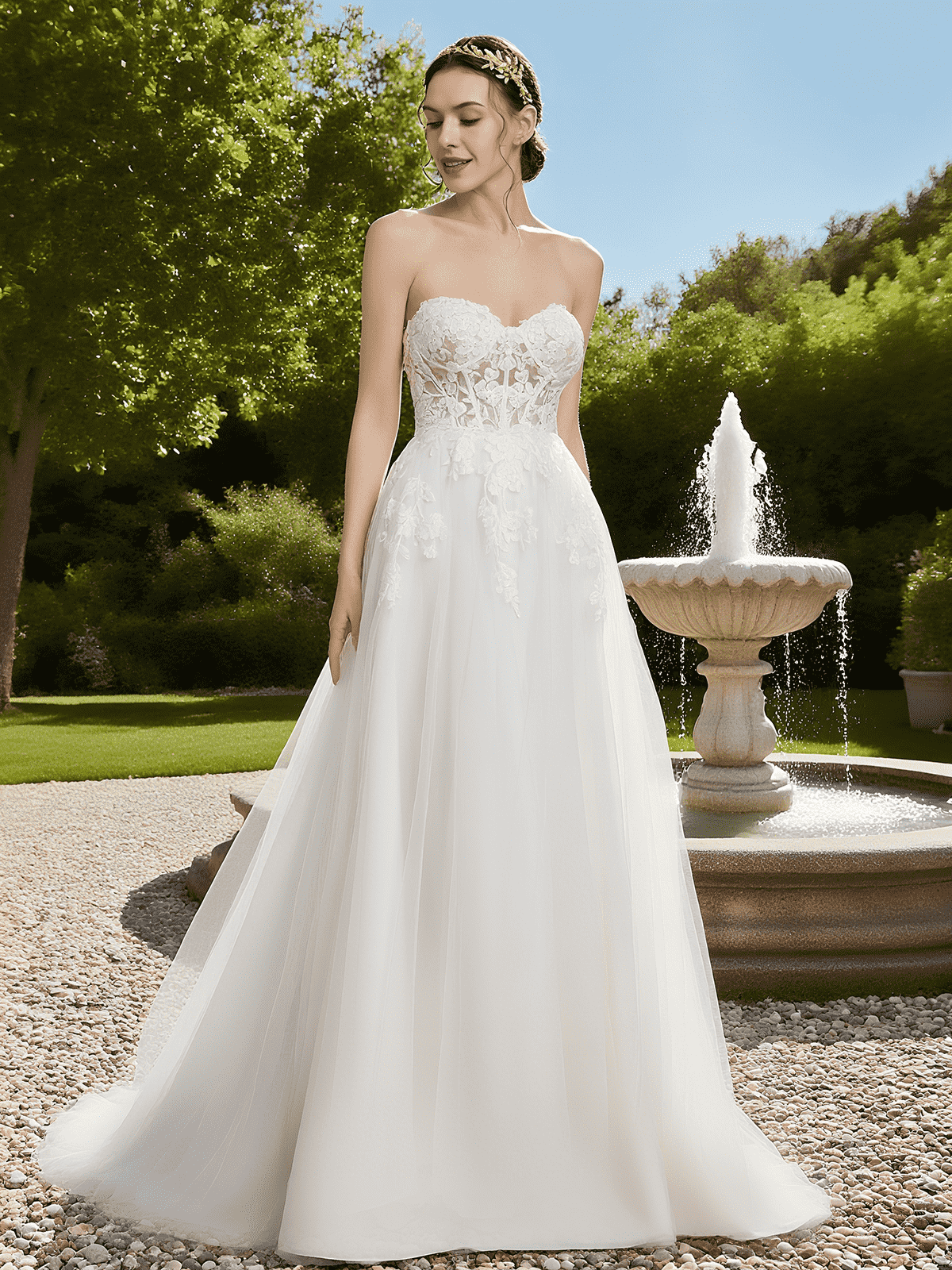 Strapless Lace Corset A-Line Wedding Dress with Tulle Skirt & Train - Romantic Bridal Gown