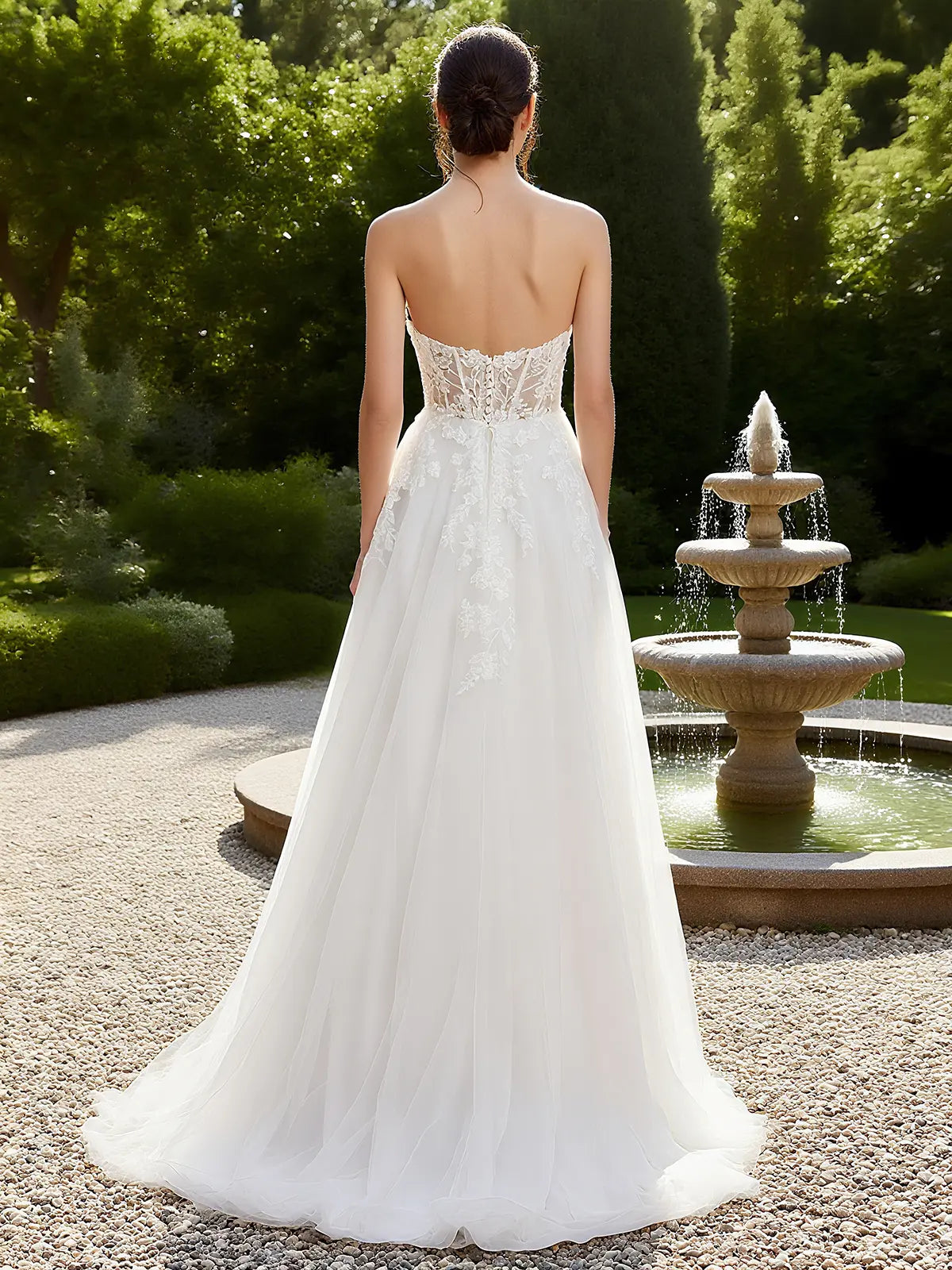 Strapless Lace Corset A-Line Wedding Dress with Tulle Skirt & Train - Romantic Bridal Gown