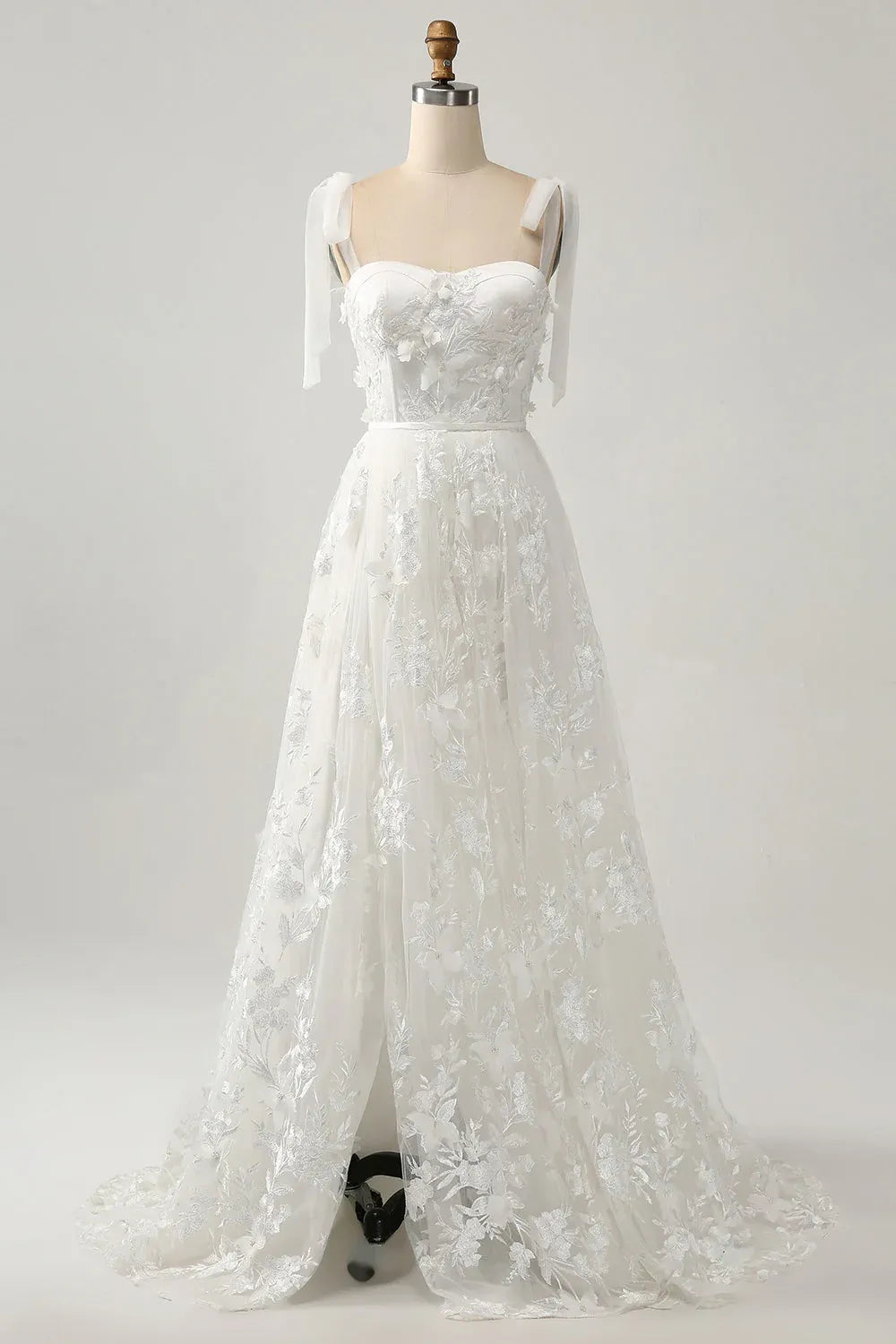 Sweetheart Bow Strap 3D Floral Lace Tulle A-Line Wedding Dress