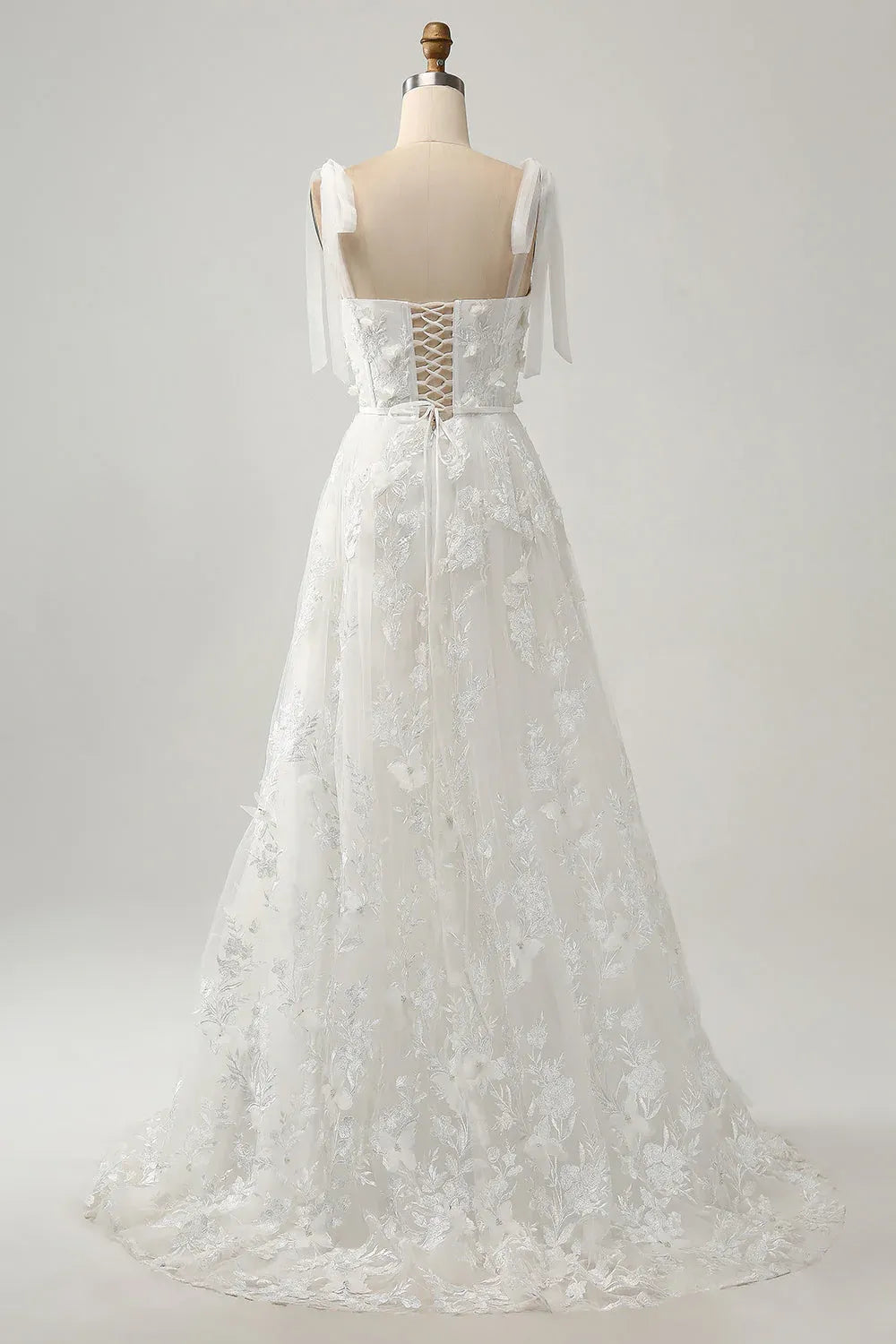 Sweetheart Bow Strap 3D Floral Lace Tulle A-Line Wedding Dress
