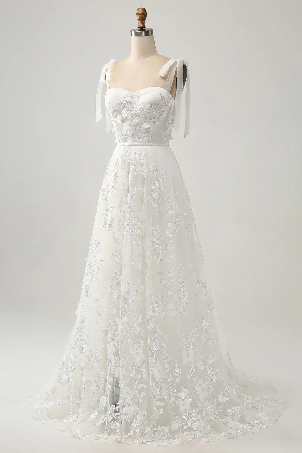 Sweetheart Bow Strap 3D Floral Lace Tulle A-Line Wedding Dress