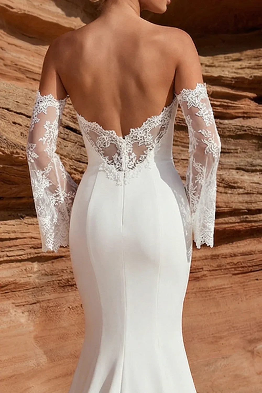 Strapless Lace Sleeve Crepe Mermaid Wedding Dress