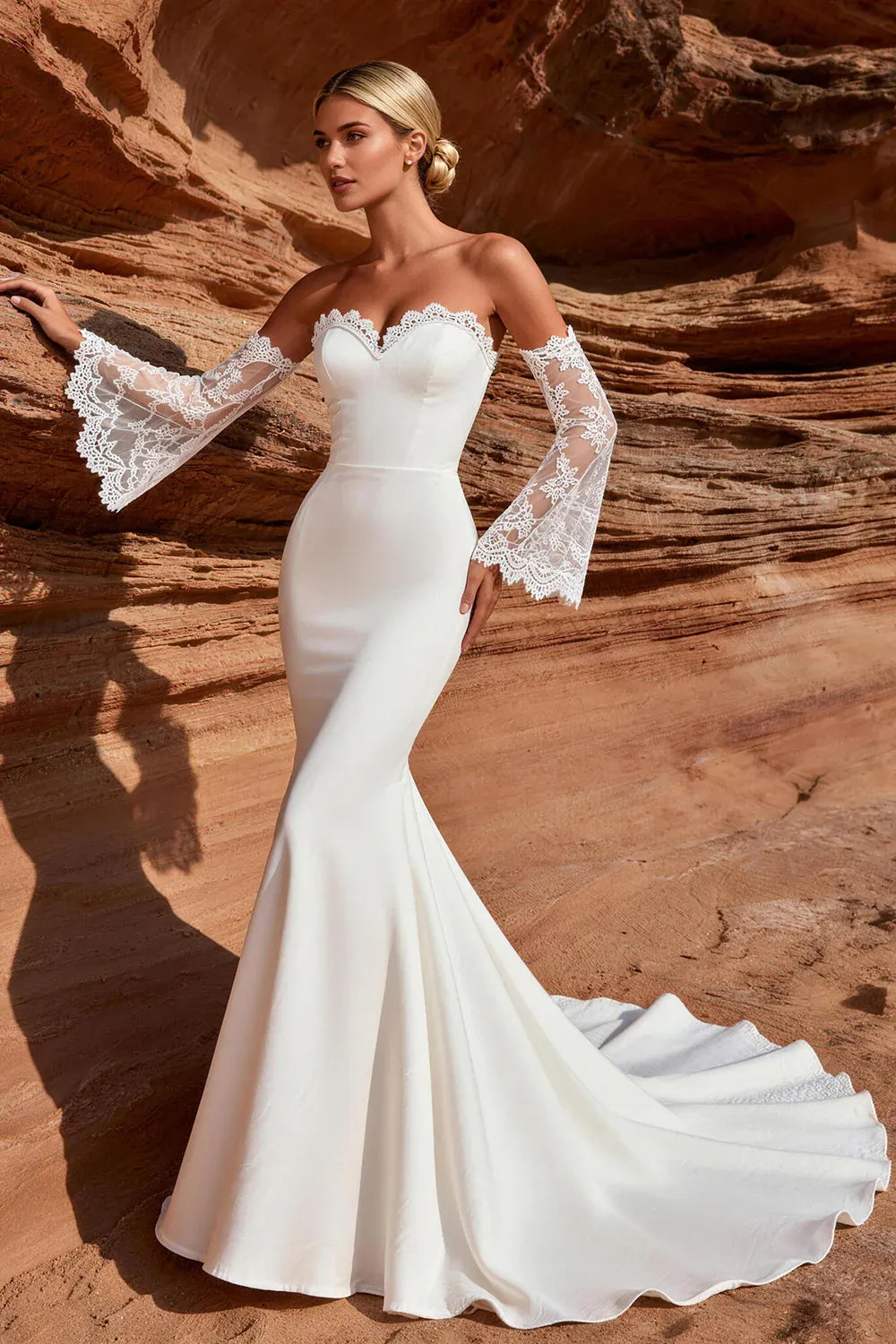 Strapless Lace Sleeve Crepe Mermaid Wedding Dress