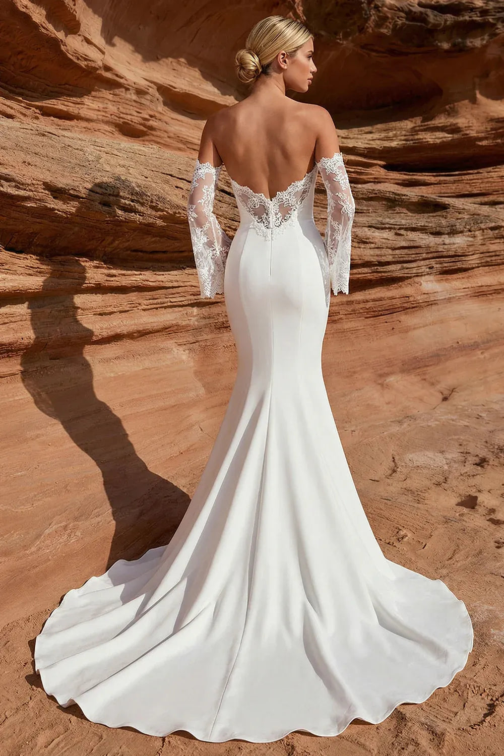 Strapless Lace Sleeve Crepe Mermaid Wedding Dress
