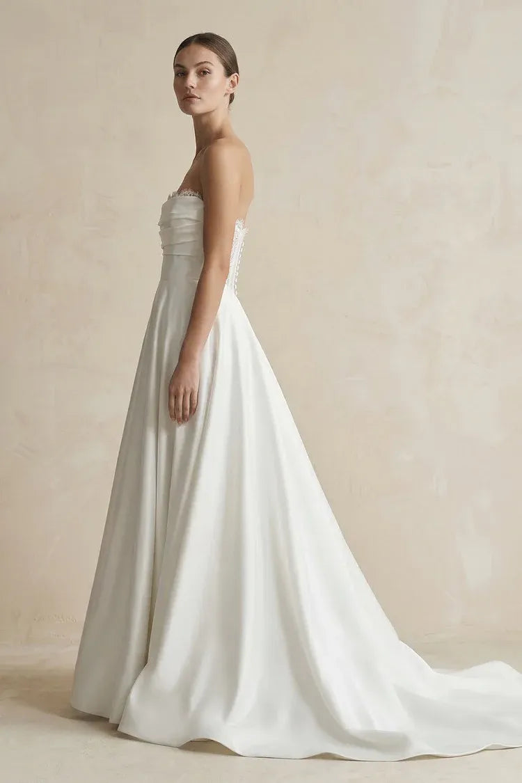 Strapless Lace Trim Satin A-Line Wedding Dress with Corset Back