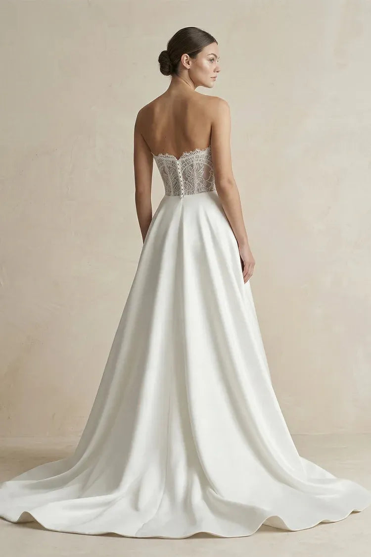 Strapless Lace Trim Satin A-Line Wedding Dress with Corset Back