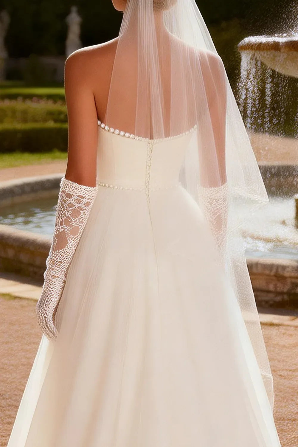 Strapless Pearl Trim Satin & Tulle A-Line Wedding Dress