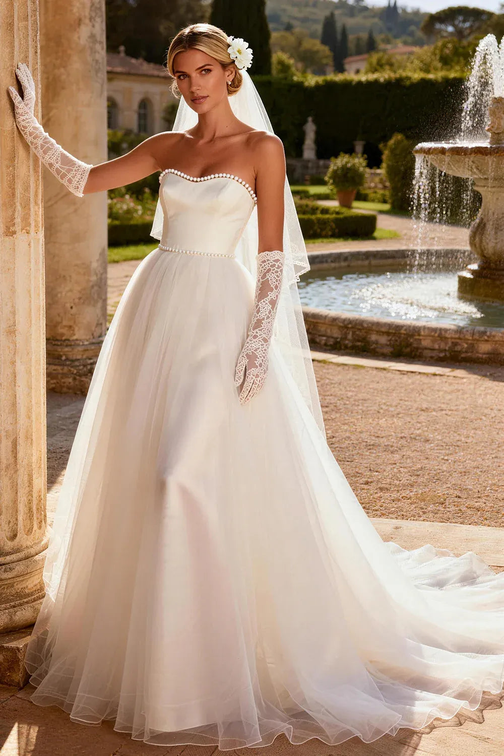 Strapless Pearl Trim Satin & Tulle A-Line Wedding Dress