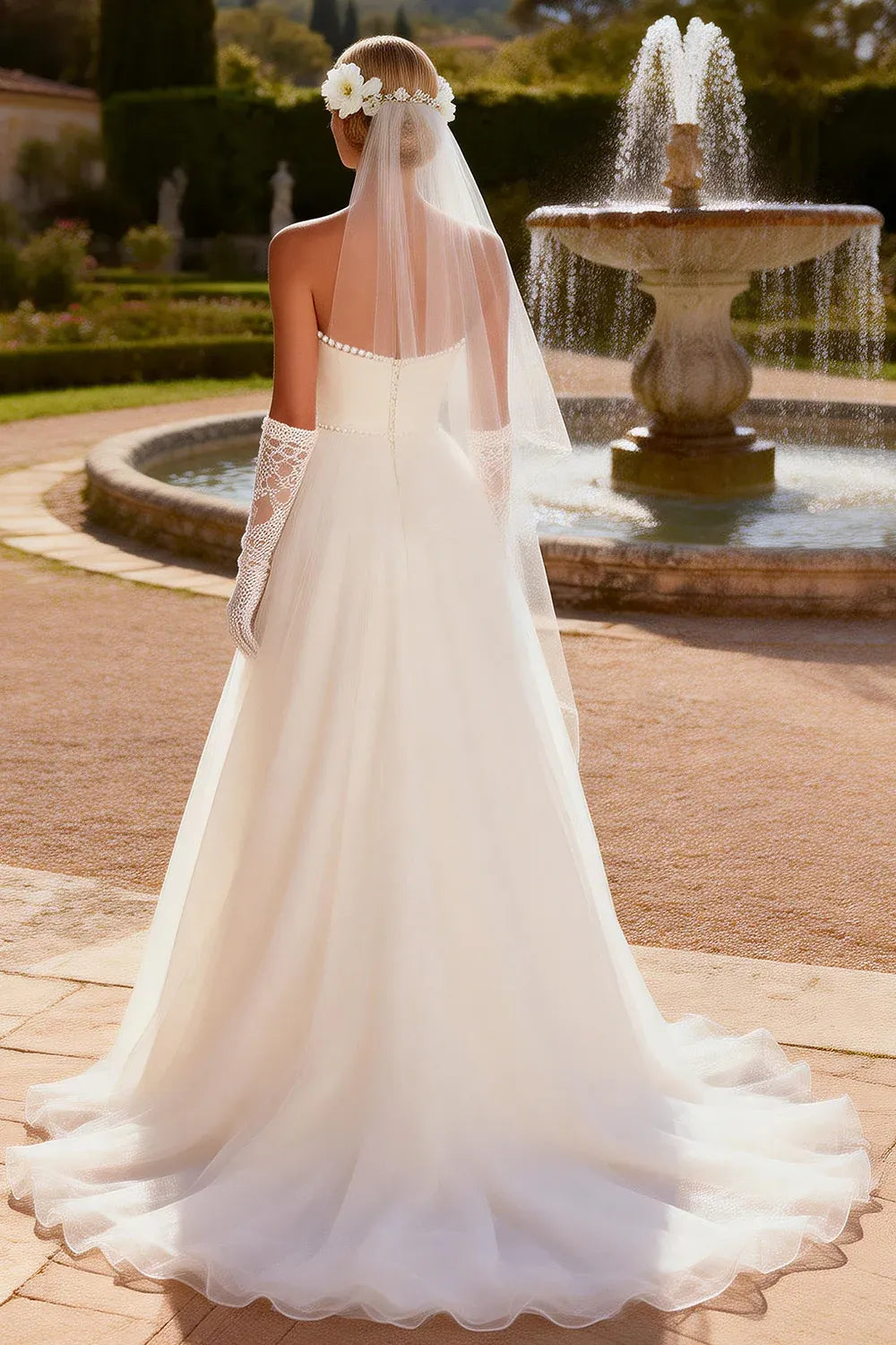 Strapless Pearl Trim Satin & Tulle A-Line Wedding Dress
