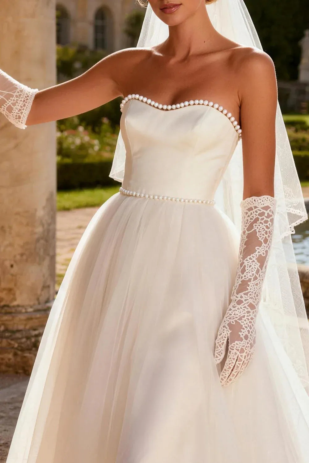 Strapless Pearl Trim Satin & Tulle A-Line Wedding Dress