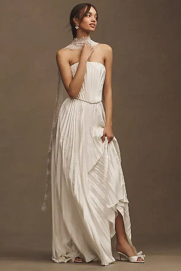 Strapless Pleated Chiffon A-Line Wedding Dresses (Ivory)