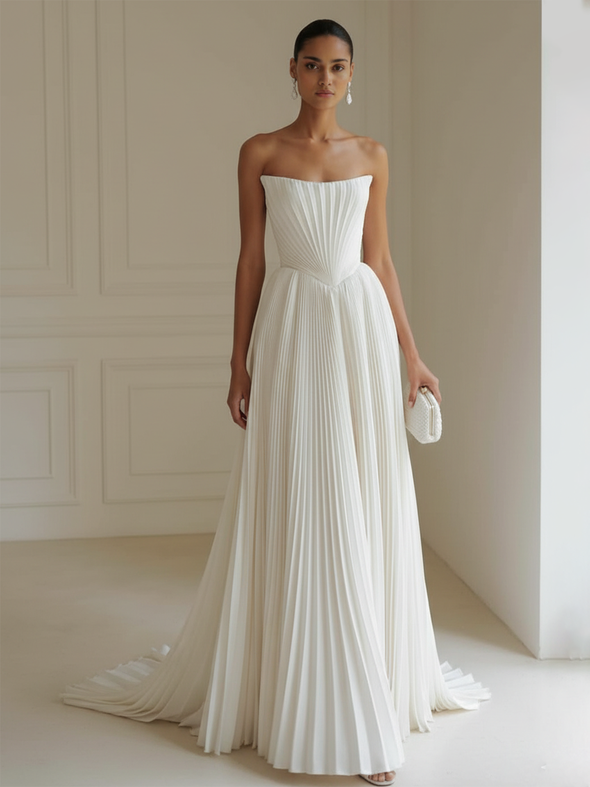 Strapless Pleated Wedding Dress with Corset Back & Train - Modern Minimalist Bridal Gown