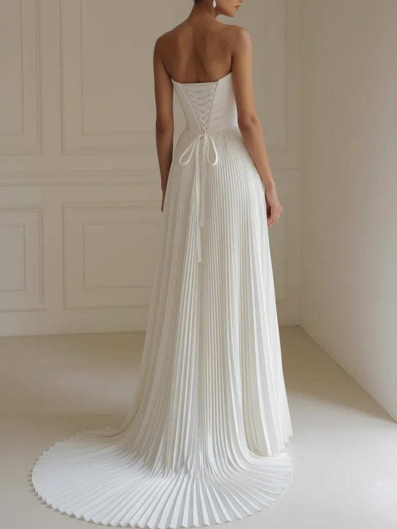 Strapless Pleated Wedding Dress with Corset Back & Train - Modern Minimalist Bridal Gown