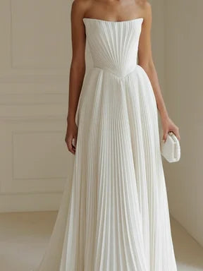 Strapless Pleated Wedding Dress with Corset Back & Train - Modern Minimalist Bridal Gown