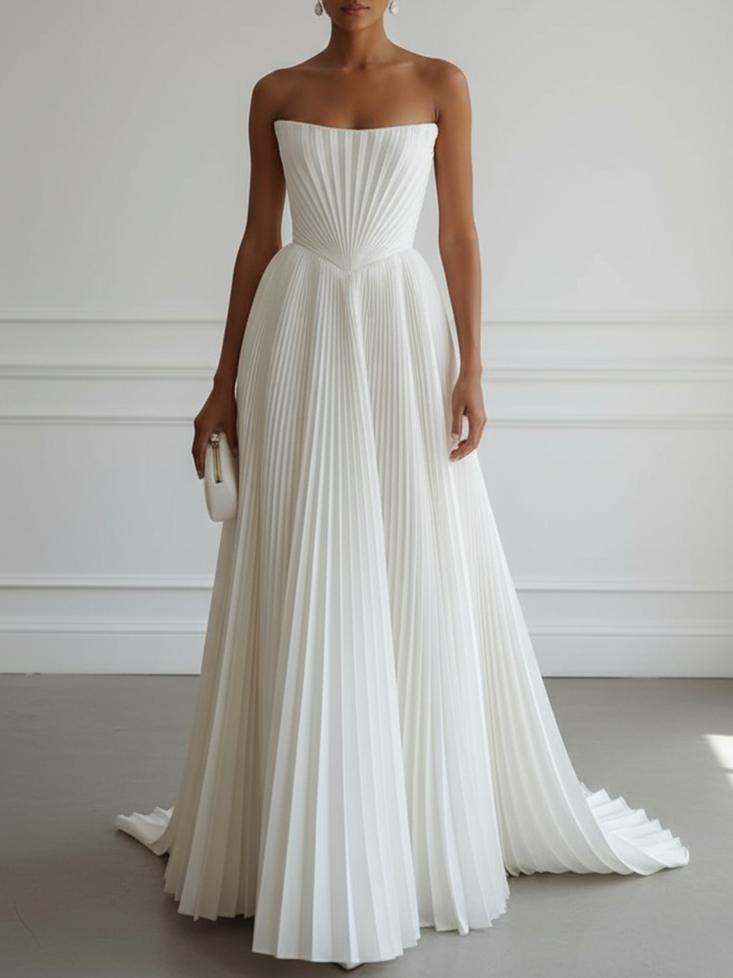 Strapless Pleated Wedding Dress with Corset Back & Train - Modern Minimalist Bridal Gown