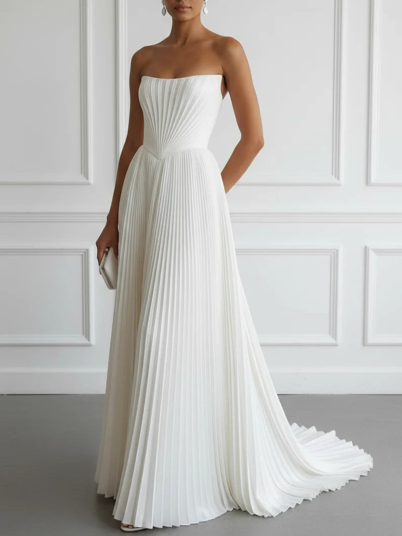 Strapless Pleated Wedding Dress with Corset Back & Train - Modern Minimalist Bridal Gown