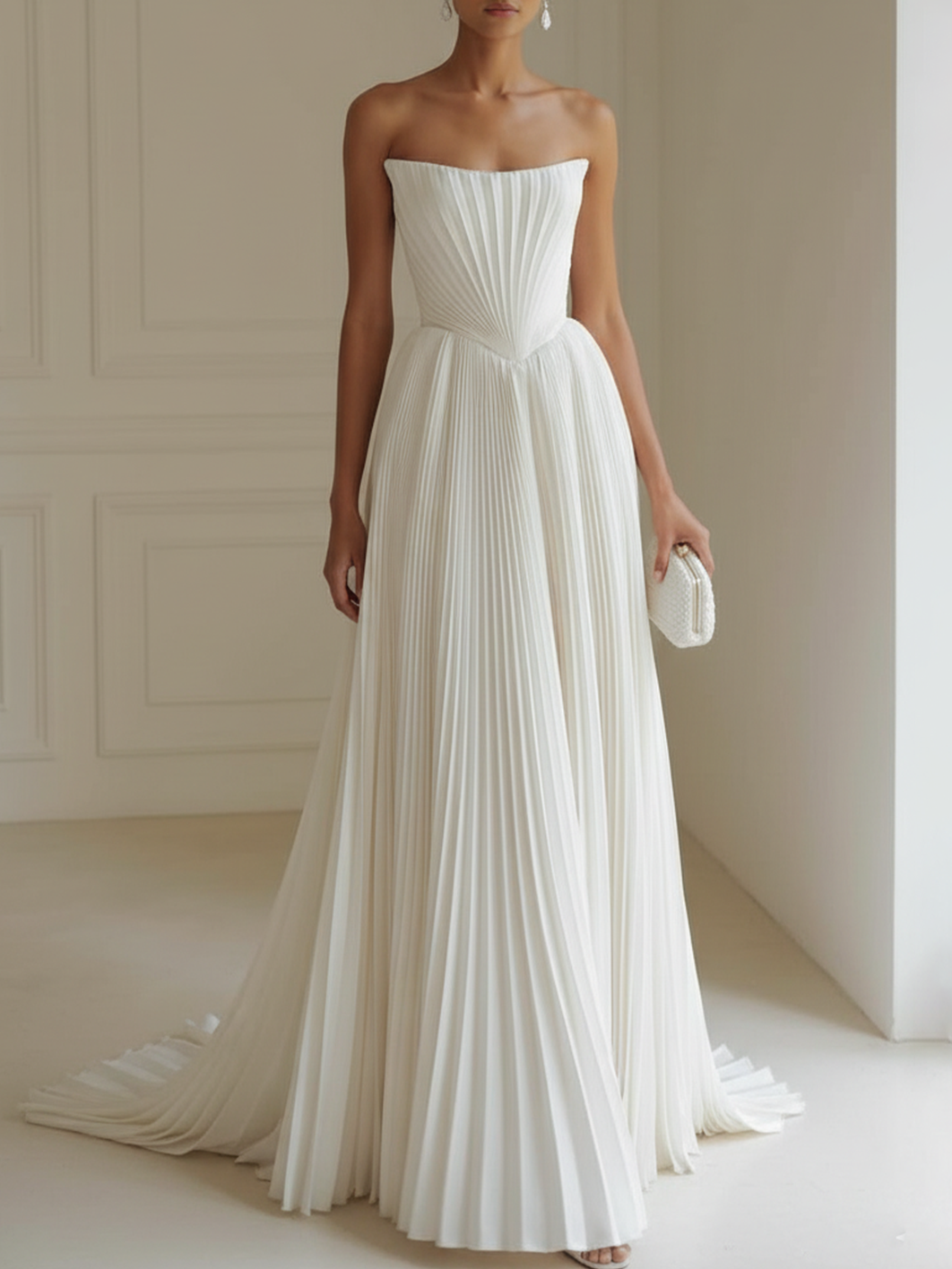 Strapless Pleated Wedding Dress with Corset Back & Train - Modern Minimalist Bridal Gown