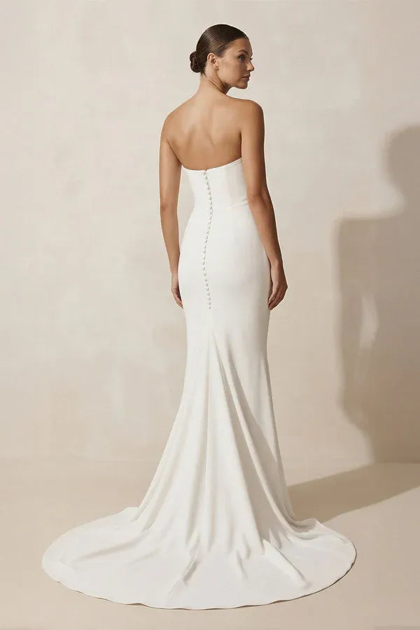 Strapless Ruched Crepe Mermaid Wedding Dress with Button Back