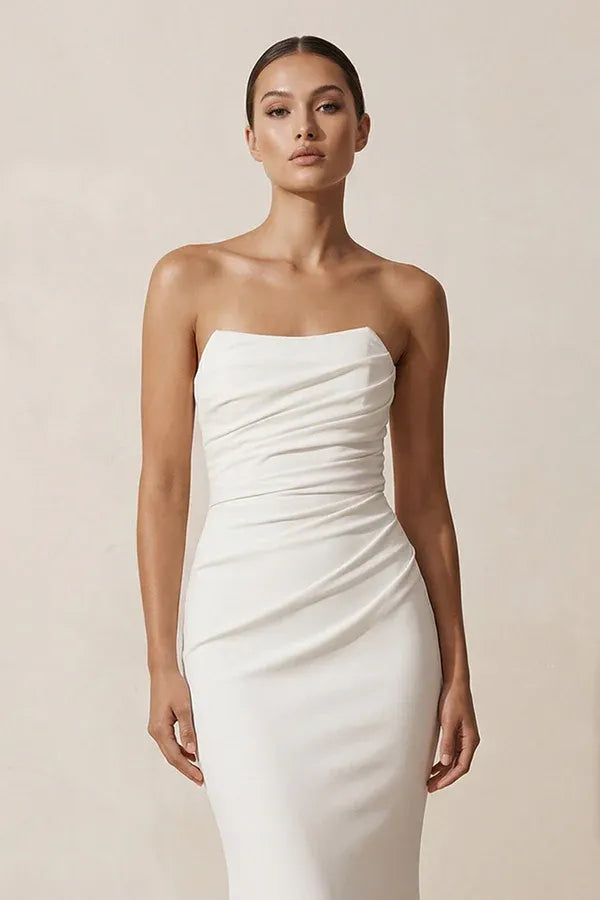 Strapless Ruched Crepe Mermaid Wedding Dress with Button Back