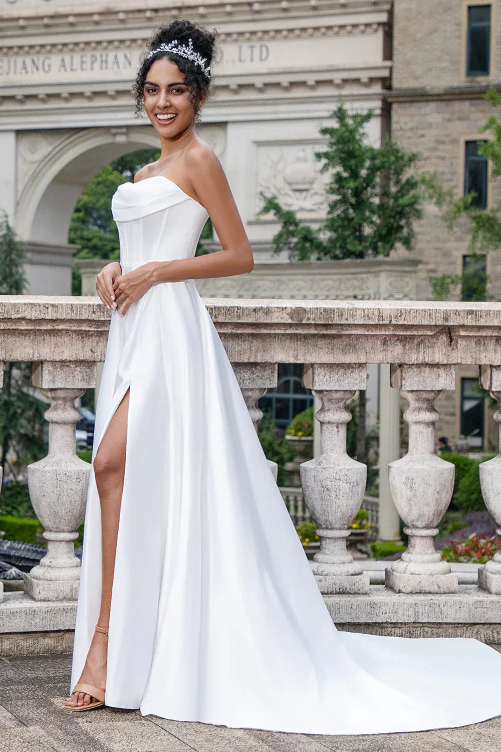 Strapless Satin A-Line Wedding Dress with Slit and Draped Neckline - Modern Bridal Gown