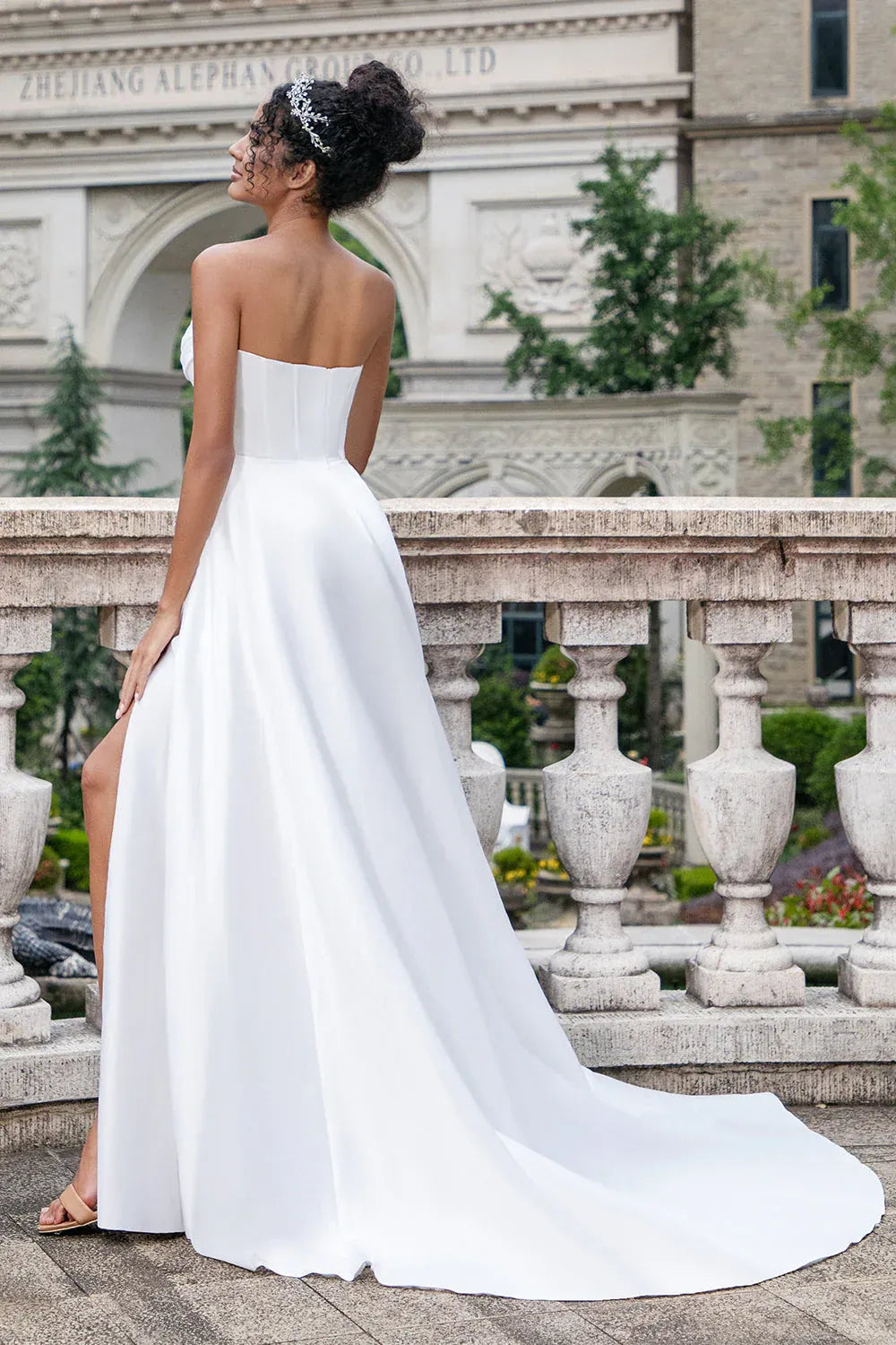Strapless Satin A-Line Wedding Dress with Slit and Draped Neckline - Modern Bridal Gown