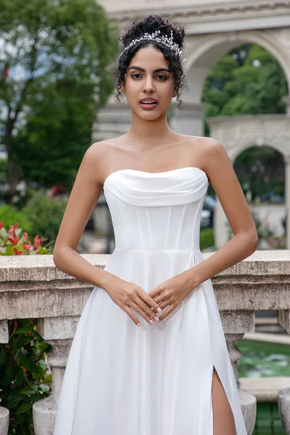 Strapless Satin A-Line Wedding Dress with Slit and Draped Neckline - Modern Bridal Gown