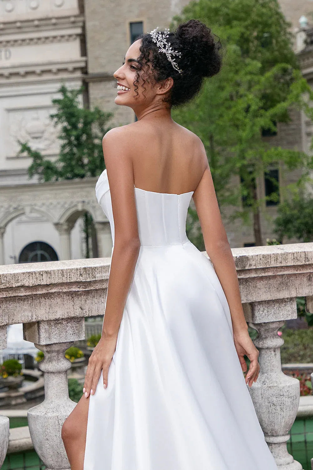 Strapless Satin A-Line Wedding Dress with Slit and Draped Neckline - Modern Bridal Gown
