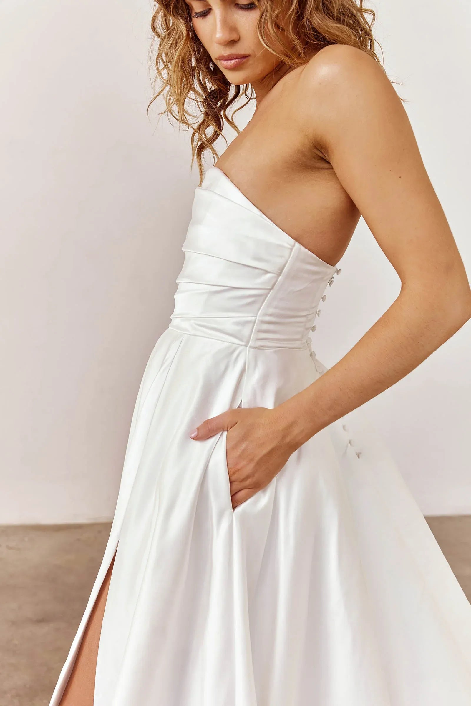Strapless Satin Ball Gown Wedding Dress with Pockets & Train - Minimalist Bridal Gown