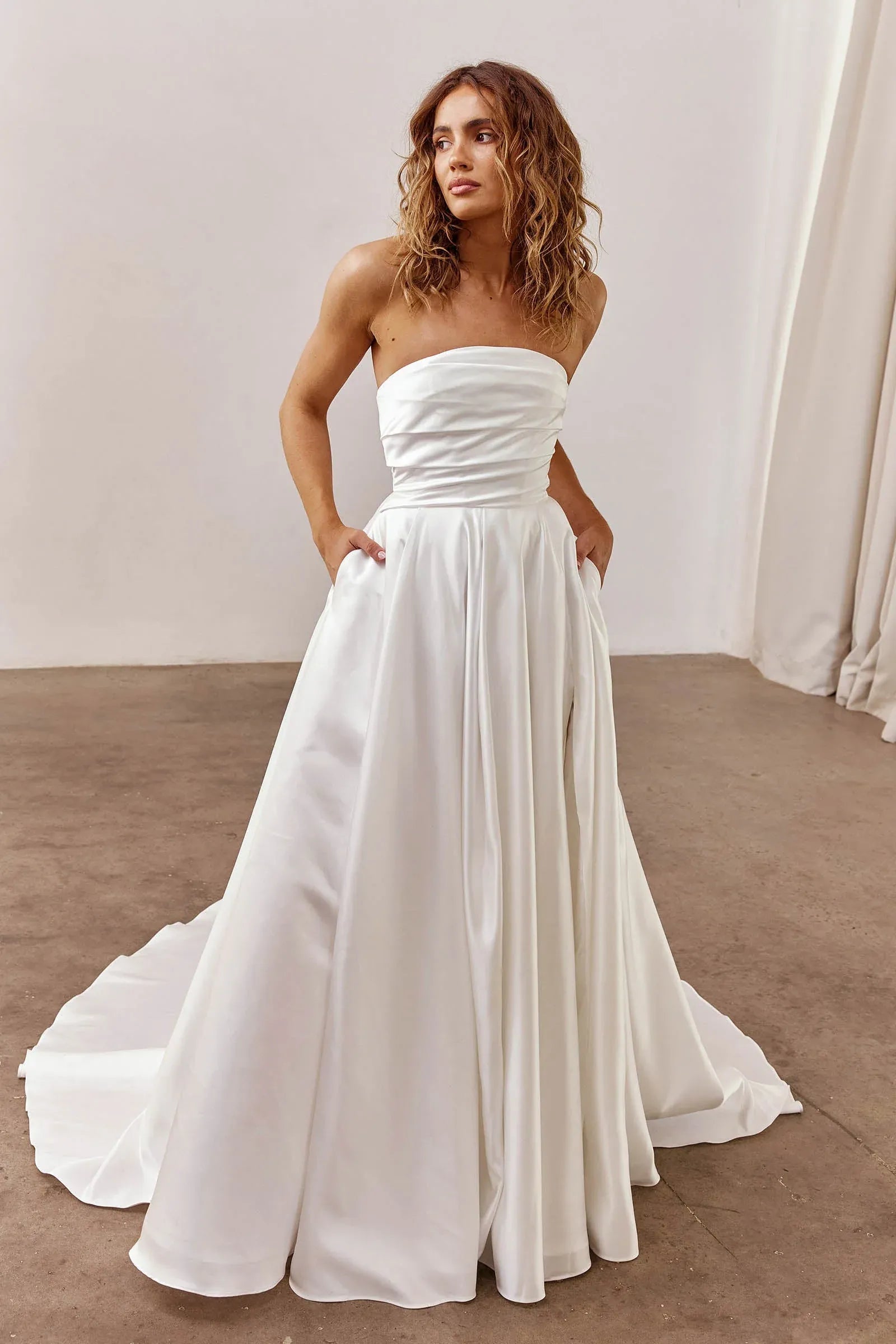 Strapless Satin Ball Gown Wedding Dress with Pockets & Train - Minimalist Bridal Gown