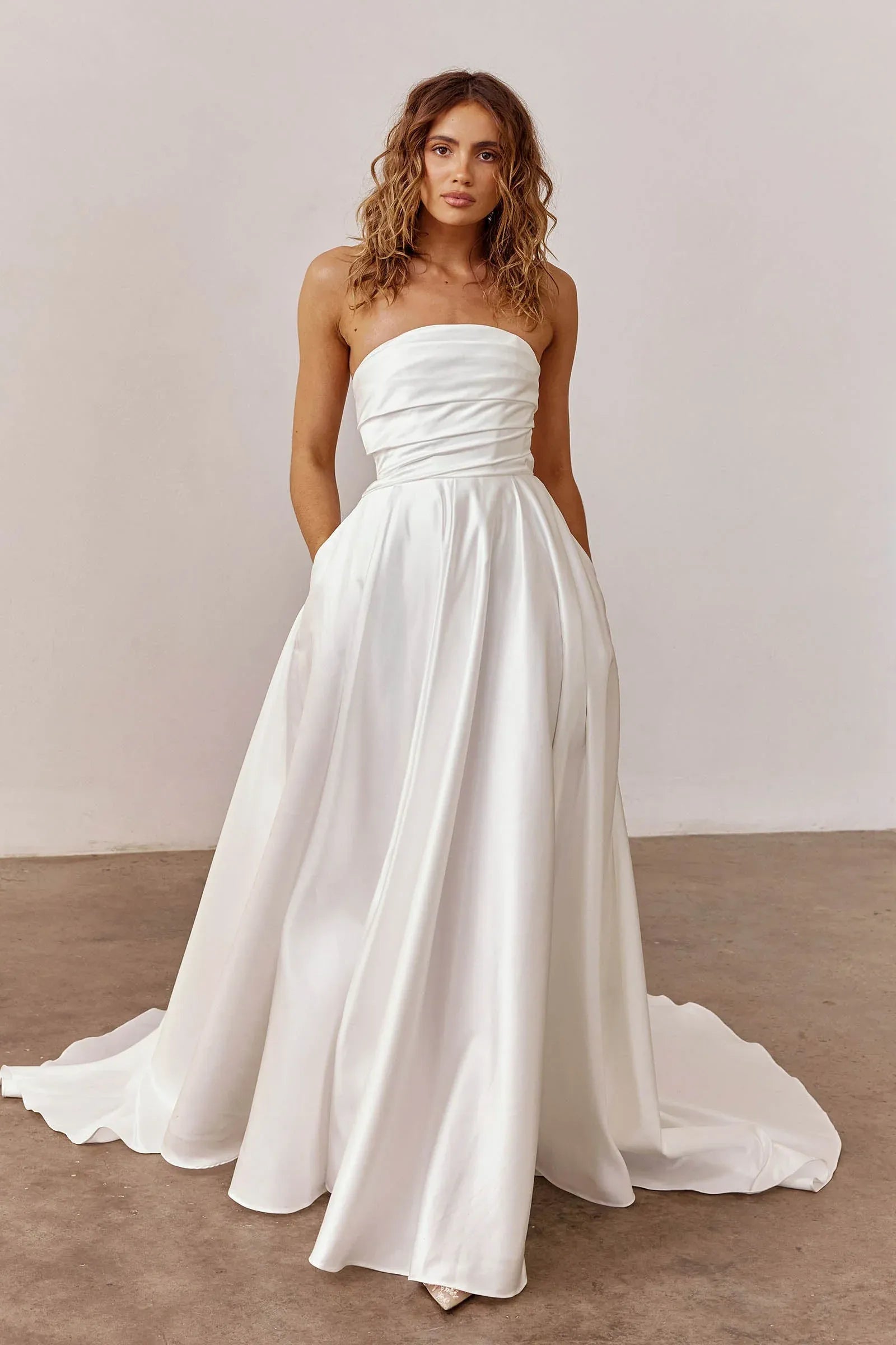 Strapless Satin Ball Gown Wedding Dress with Pockets & Train - Minimalist Bridal Gown