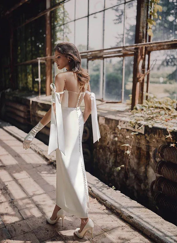 Strapless Satin Midi Wedding Dress with Bow Shoulder Straps & Sheer Back