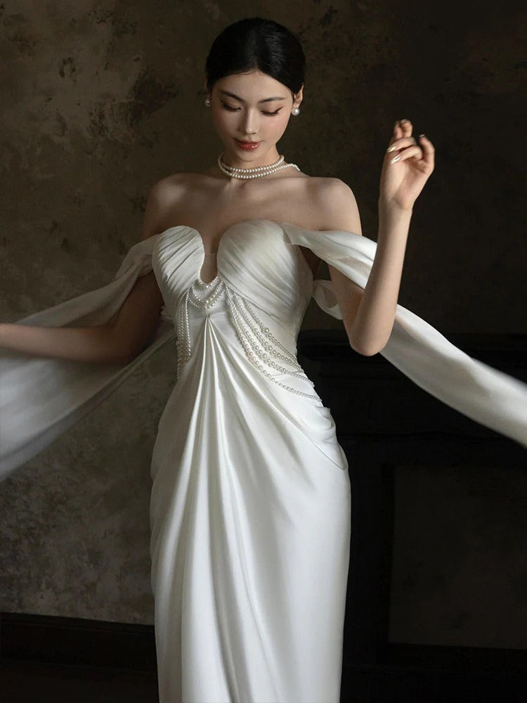 Strapless Satin Wedding Dress with Pearl Beaded Bodice and Detachable Cape Sleeves