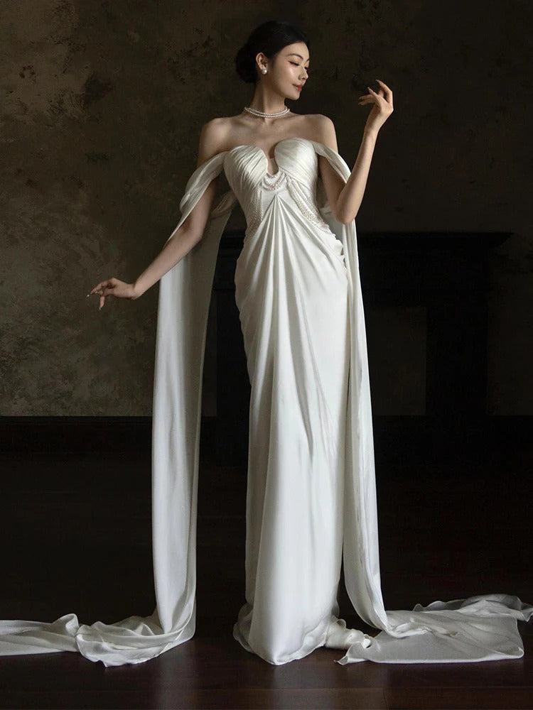 Strapless Satin Wedding Dress with Pearl Beaded Bodice and Detachable Cape Sleeves