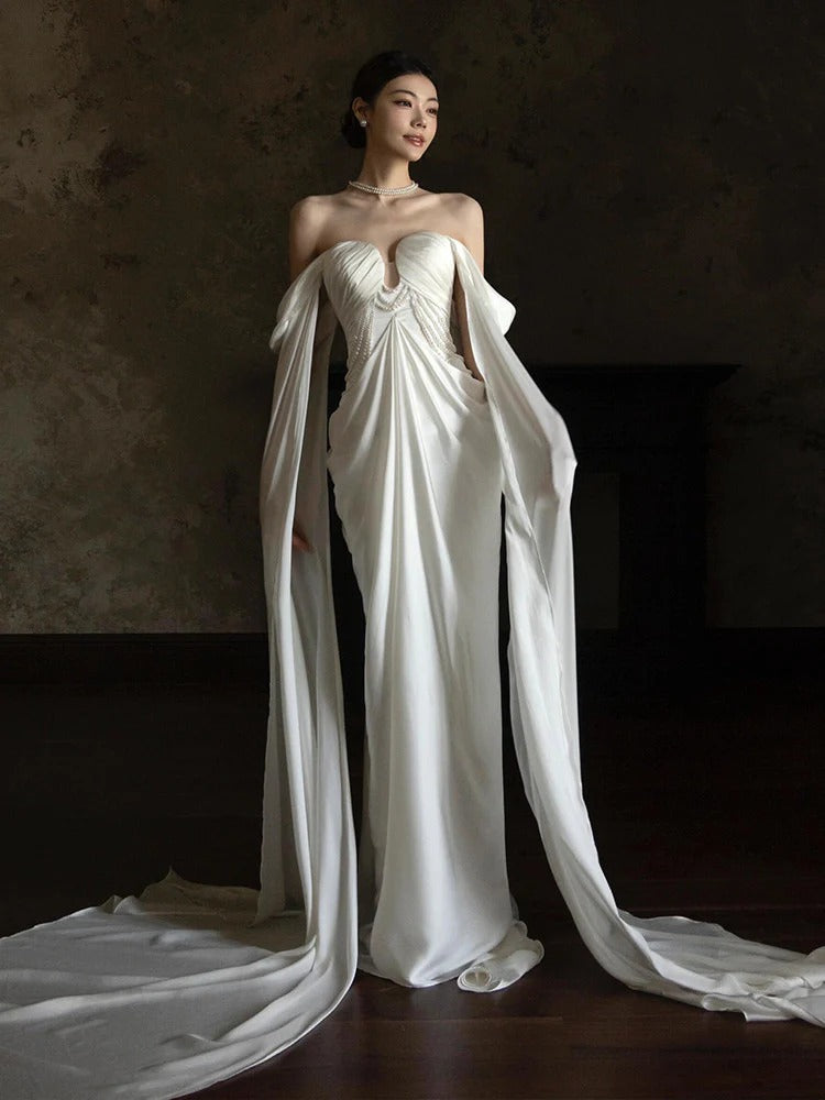 Strapless Satin Wedding Dress with Pearl Beaded Bodice and Detachable Cape Sleeves