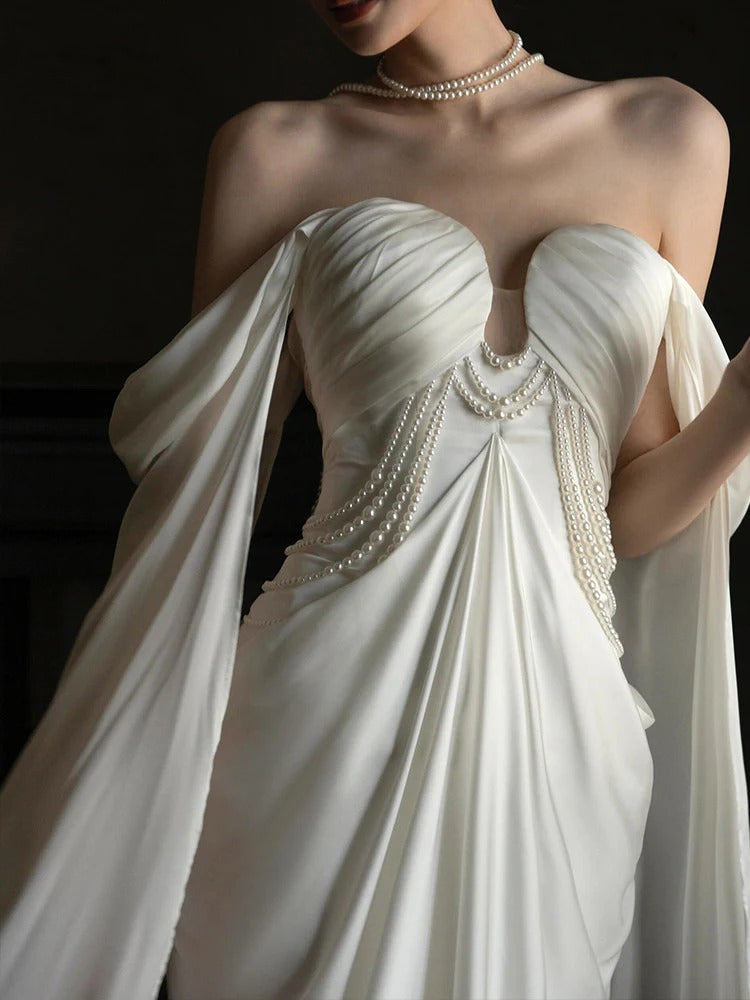 Strapless Satin Wedding Dress with Pearl Beaded Bodice and Detachable Cape Sleeves