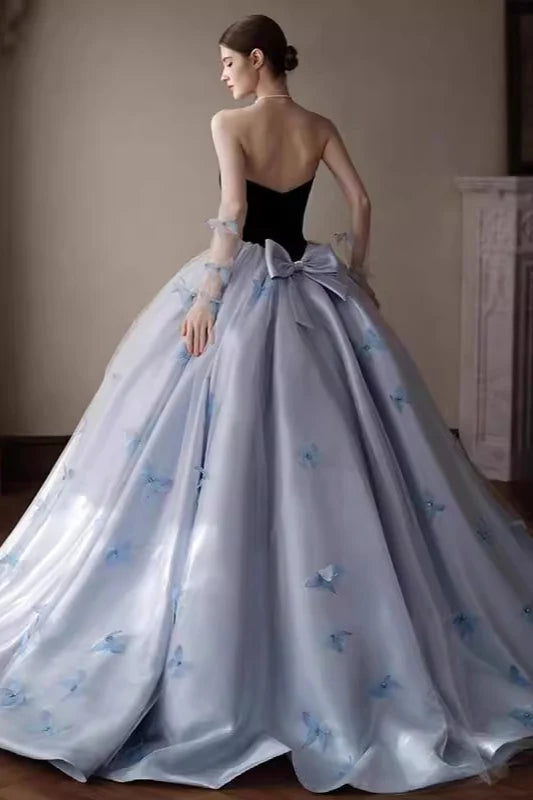 Strapless Sweetheart Black & Light Blue 3D Butterfly Ball Gown Evening Dresses with Back Bow Detail and Floor-Length Train