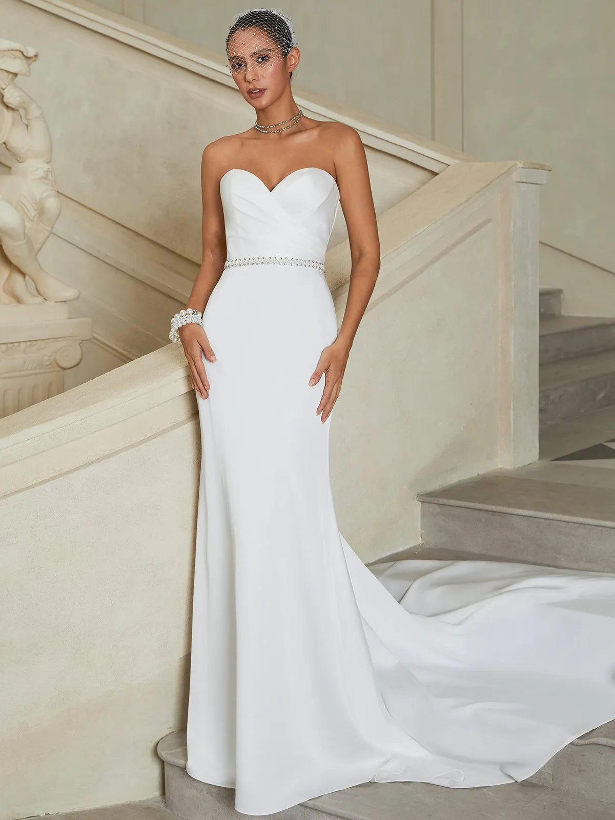 Strapless Sweetheart Crepe Mermaid Wedding Dress with Beaded Waistband & Train - Modern Elegant Bridal Gown