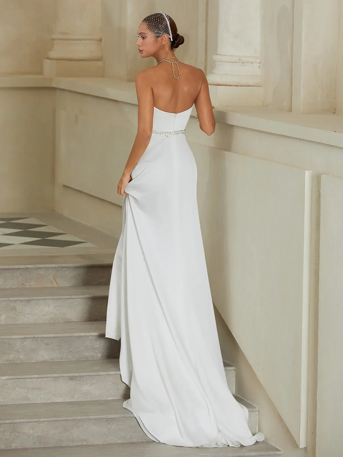Strapless Sweetheart Crepe Mermaid Wedding Dress with Beaded Waistband & Train - Modern Elegant Bridal Gown