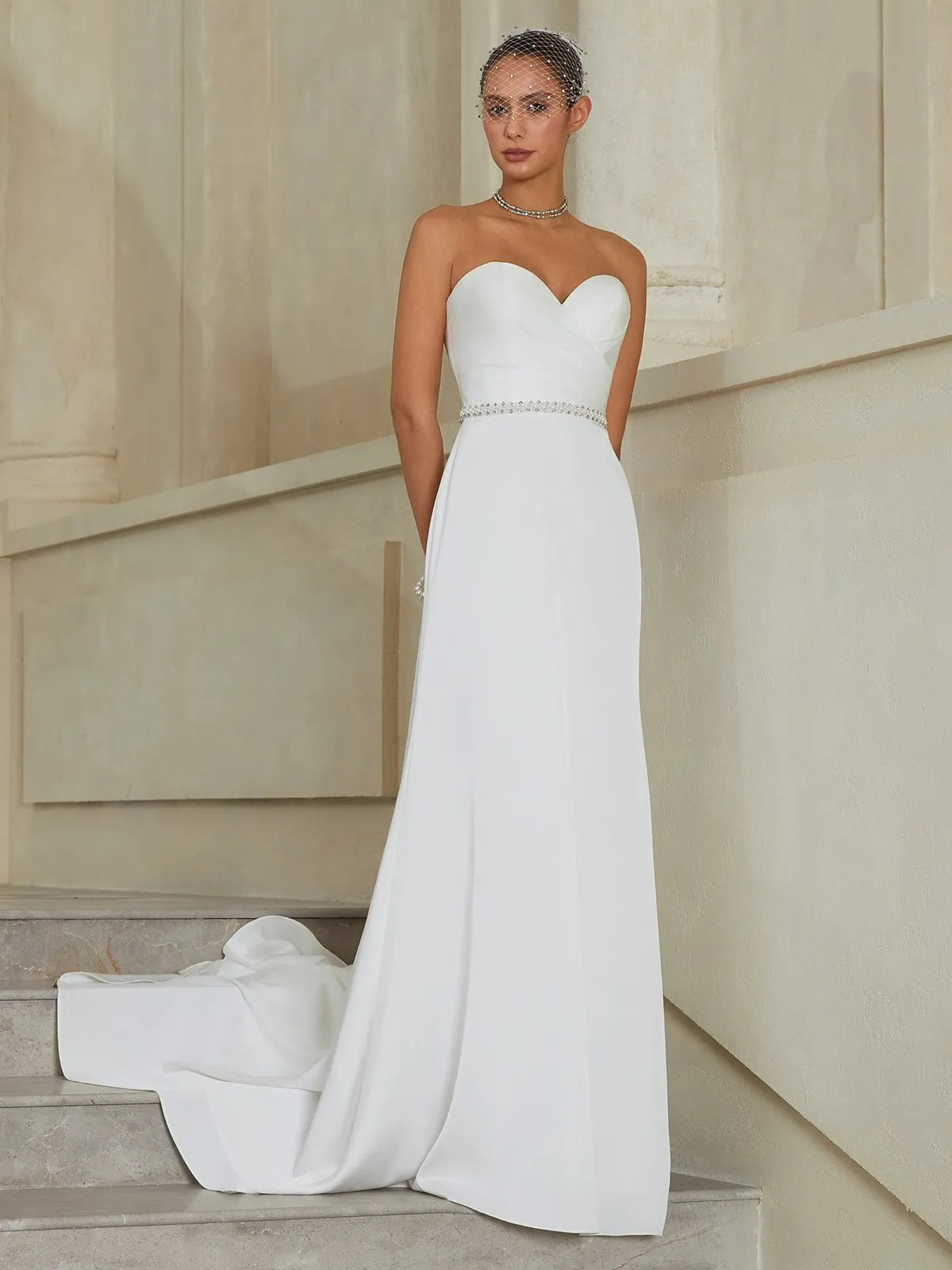 Strapless Sweetheart Crepe Mermaid Wedding Dress with Beaded Waistband & Train - Modern Elegant Bridal Gown