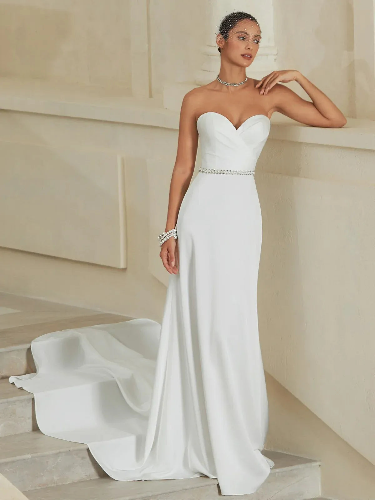 Strapless Sweetheart Crepe Mermaid Wedding Dress with Beaded Waistband & Train - Modern Elegant Bridal Gown