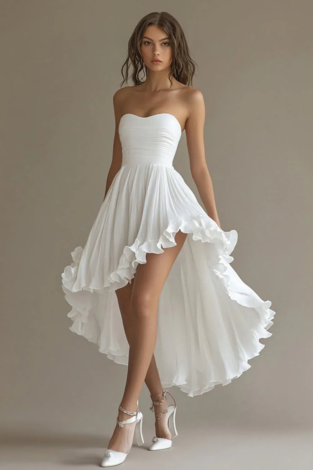 Strapless Sweetheart High-Low Ruffle Chiffon Wedding Dress - Modern Bridal Gown