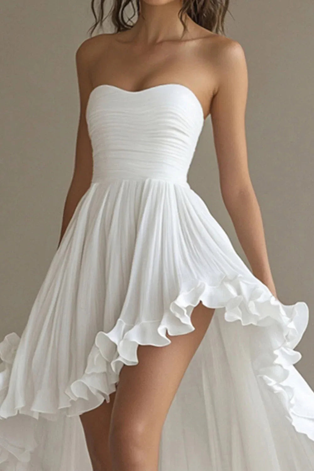 Strapless Sweetheart High-Low Ruffle Chiffon Wedding Dress - Modern Bridal Gown