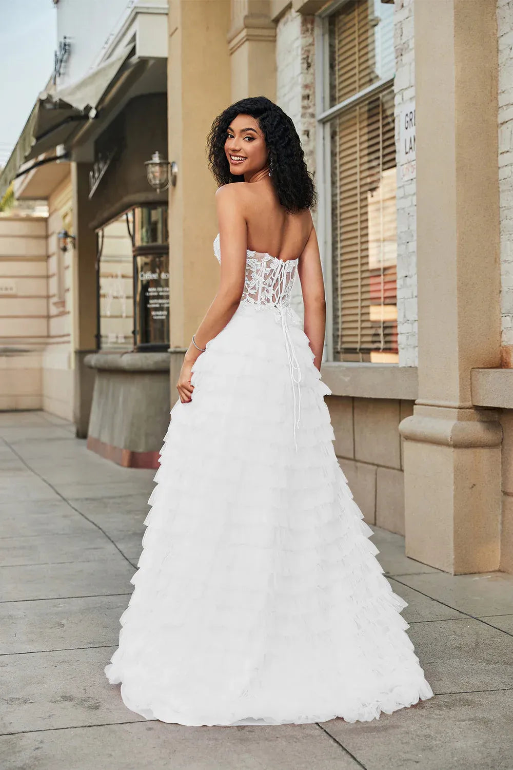 Strapless Sweetheart Lace Corset Tiered Tulle A-Line Wedding Dress
